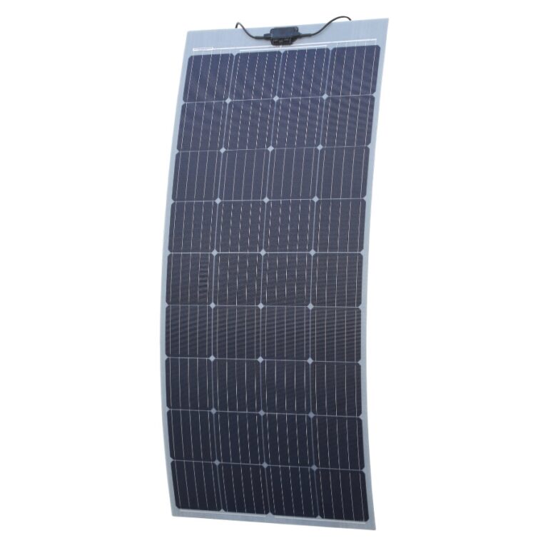 Flexible solar panel with black photovoltaic cells and a connector cable on a white background