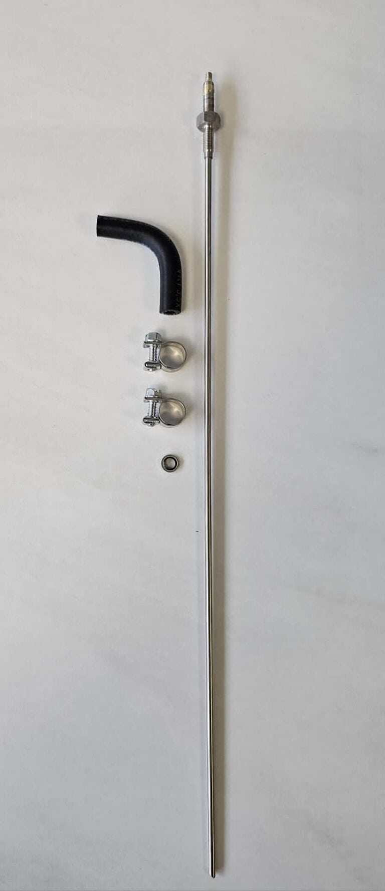 Long metal rod with fitting, rubber elbow hose, two hose clamps and small washer on white background