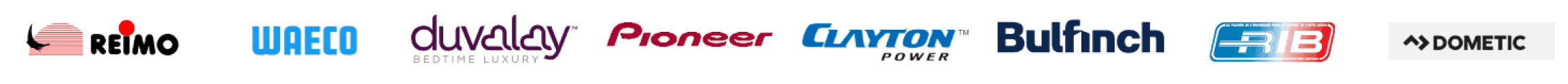 Row of brand logos including Reimo, Waeco, Duvalay, Pioneer, Clayton Power, Bulfinch, Rib and Dometic