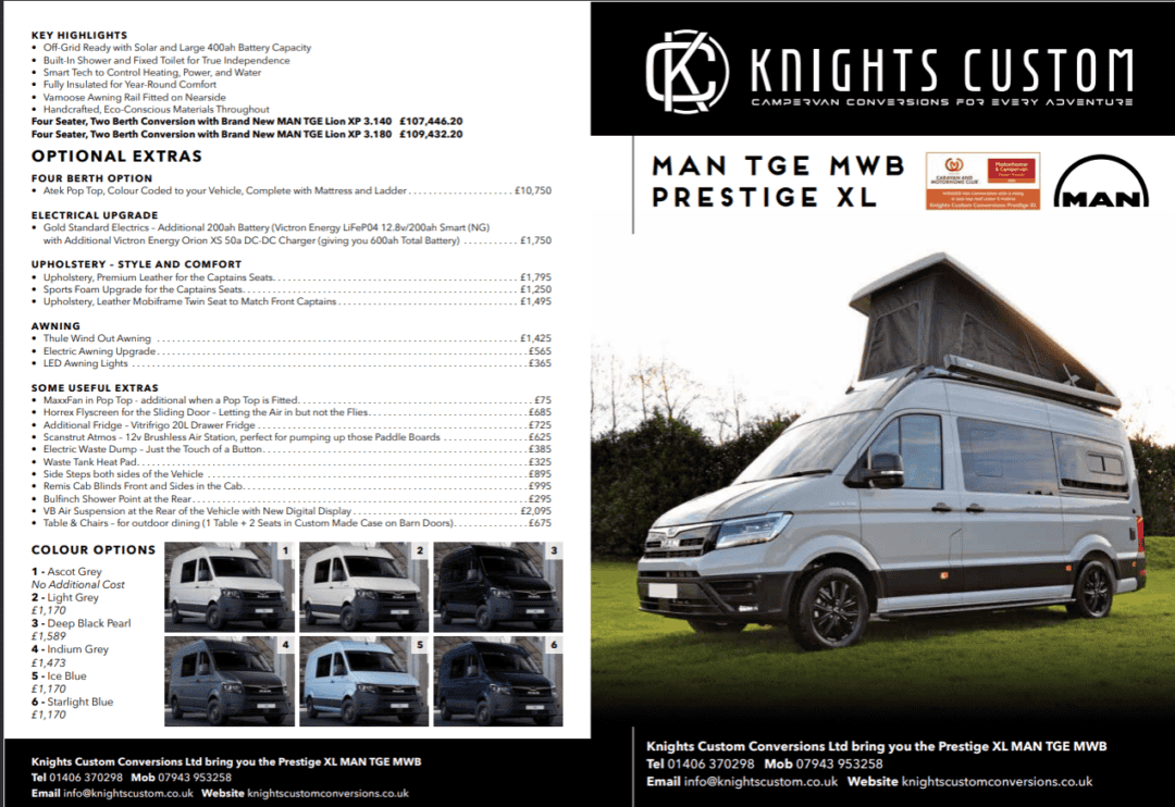 Brochure detailing the Knights Custom MAN TGE MWB Prestige XL campervan and optional features with pricing.